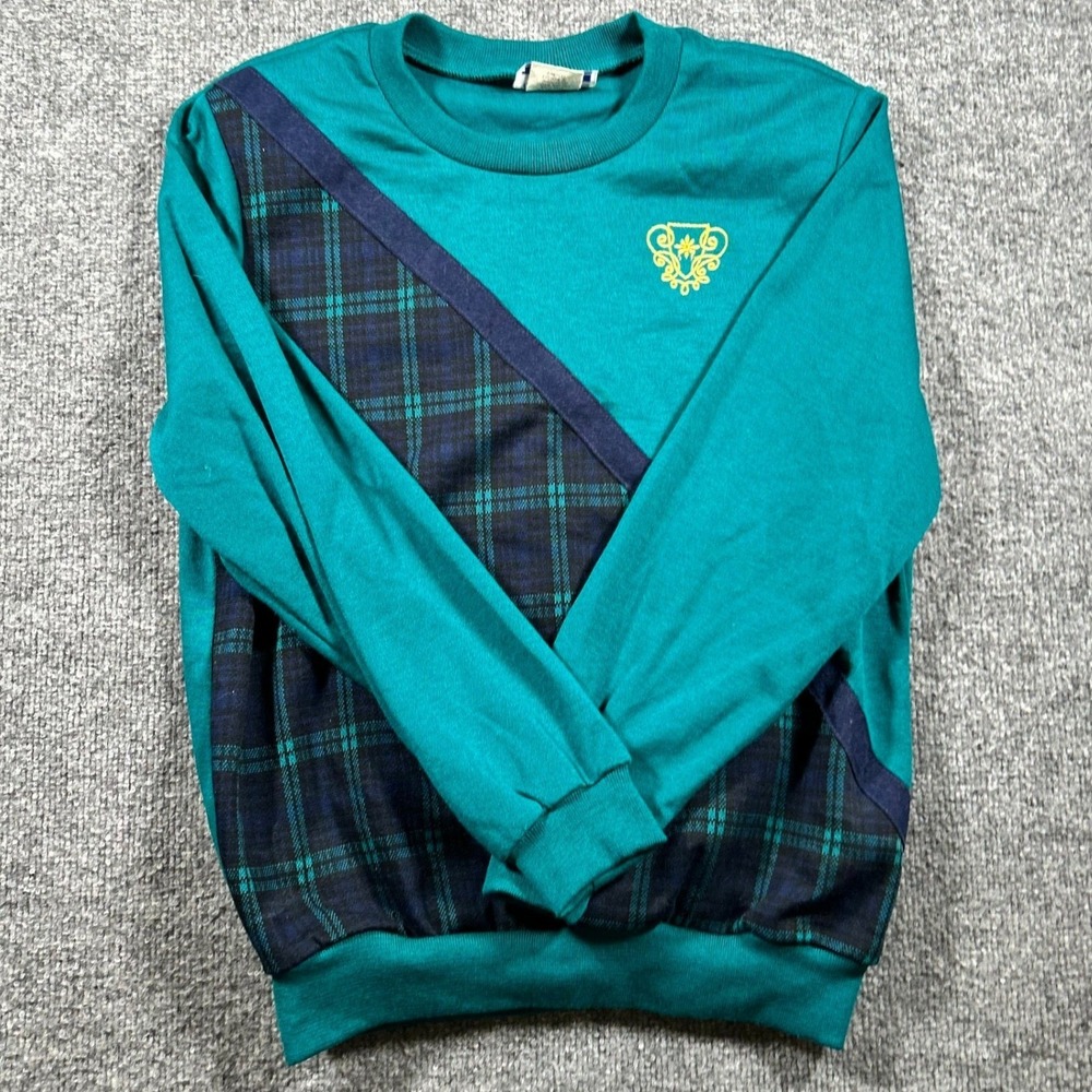 Cape Cod Sweatshirt Womens Size Small Teal Plaid Diagonal Panel 90s Vintage Crew